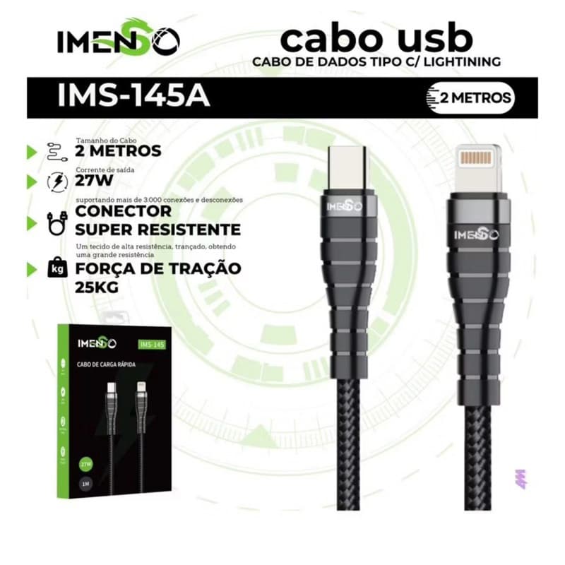 Cabo USB-C para Lightning Preto 2M 27W IMS-145A Imenso – Potência, Alcance e Performance Profissional