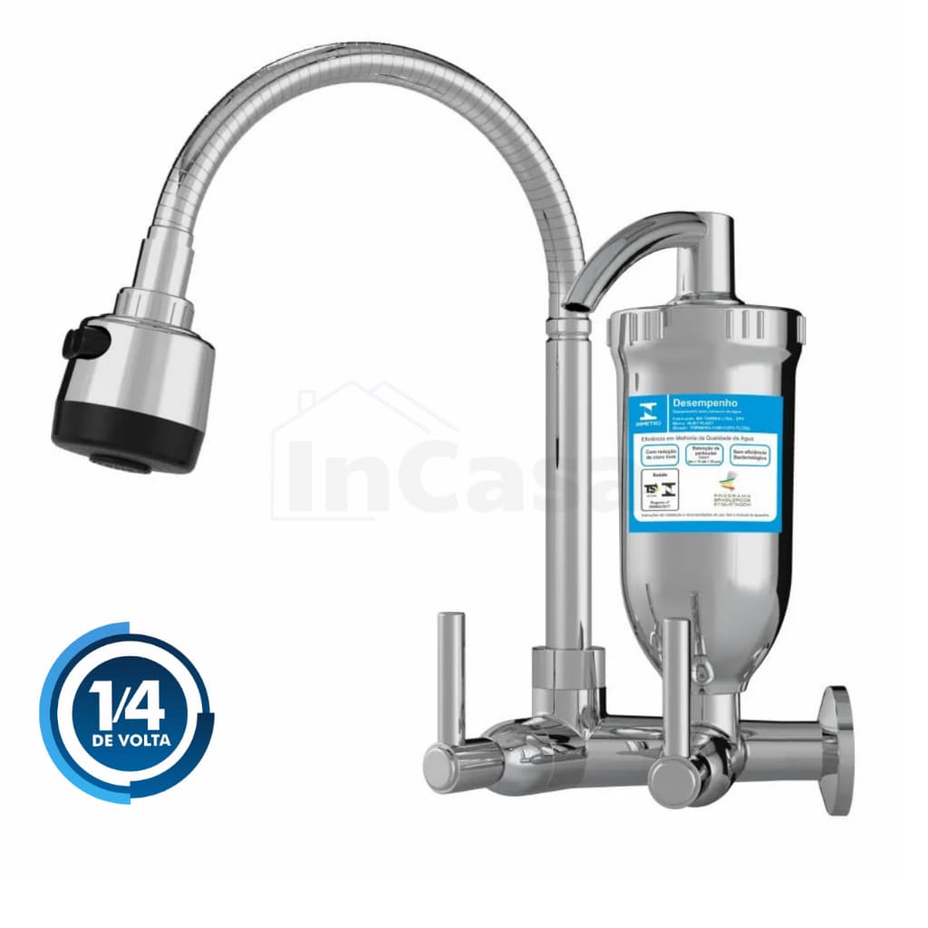 Torneira Gourmet Cozinha de Parede com Filtro e Bica Flexível Cromada 1/4 de Volta