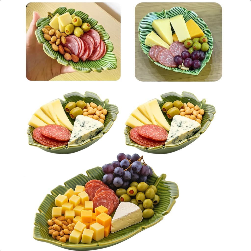 Jogo 3 Folhas Decorativas Cerâmica Banana Leaf Petisqueira 16cm + 23cm Verde Lyor