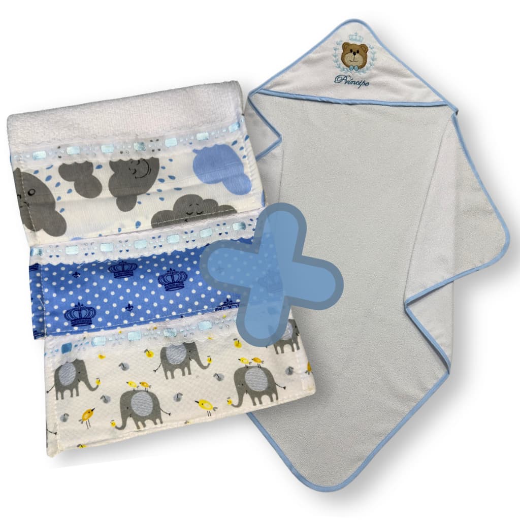 Kit Toalha de Banho Capuz Forrado Bordado + 3 Toalhinhas Ombro para Bebê