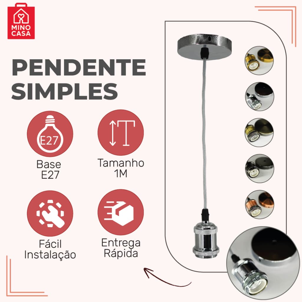 Pendente Antigo Vintage Rustico Decorativo E27 LED A1 1M VERDE | PRETO | VERMELHO | DOURADO | PRATA