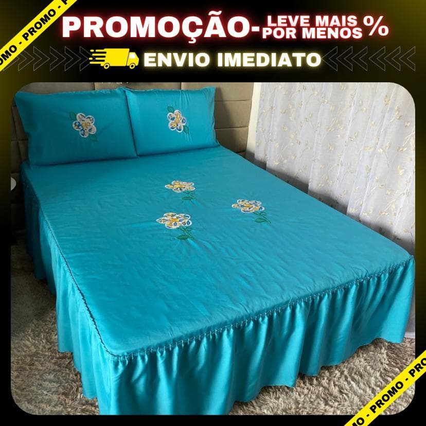 Colcha Casal Bordada 3 Peças Com Babado - Oferta