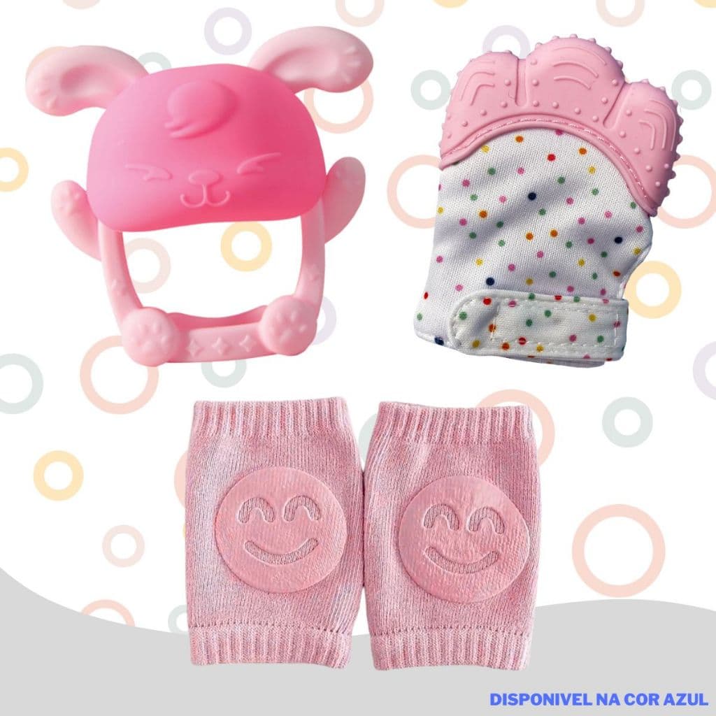 Conjunto Luva Mordedora para Bebes Joelheira Macia Coelho Brinquedos Dentição Massagear Dentes Bebe