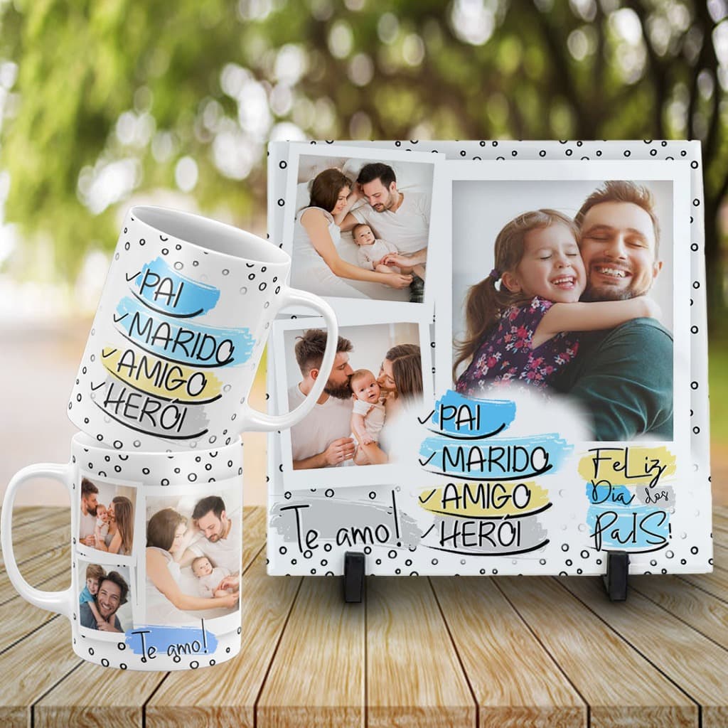 Kit Azulejo Quadro decorativo e Caneca de Porcela Personalizado com Foto Dia Dos Pais