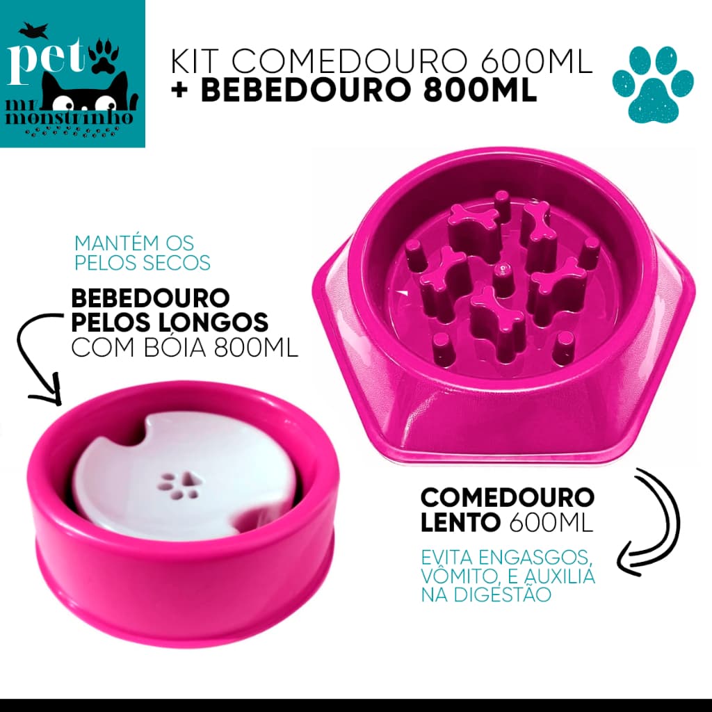 Kit 2un Bebedouro Pelos Longos com Boia 800ml + Comedouro Lento Interativo Educativo Pet 600ml