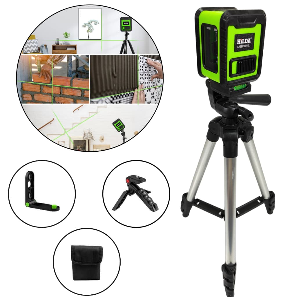 Nível Laser 2 Linhas Verde Suporte Esquadro Tripé alumínio 1 metro Prumo