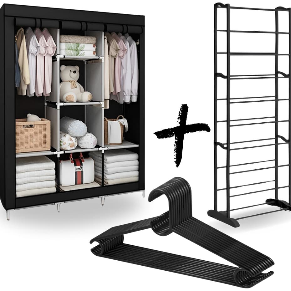 Kit Guarda-Roupa Prateleiras e Zíper + Sapateira Vertical 30 Pares Organizador+ 10 Cabides Plástico