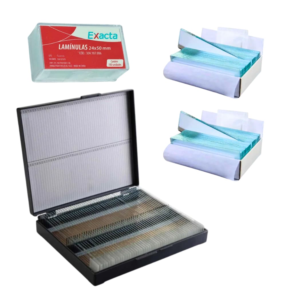 Kit para Microscopia 100 Lâminas Fosca Lapidada + 100 Lamínulas 24x50mm + Caixa Porta 100 Lâminas