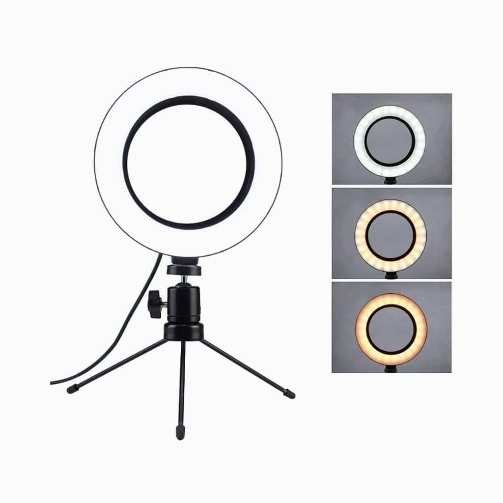 Mini Ring Light 6" Iluminador LED com Tripé 3 Cores Iluminação para Selfie Maquiagem e Vídeos