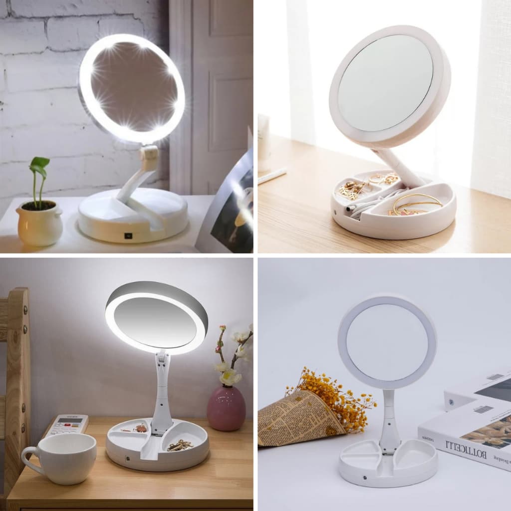 Espelho De Mesa Leve Dupla Face Led Usb Dobrável Articulado Amplia 10 Vezes Mais Para Maquiagem Camarim Barbear Estudo