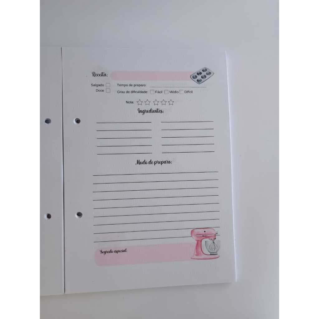 Miolo caderno de receitas argolado (folhas internas) tamanho A5