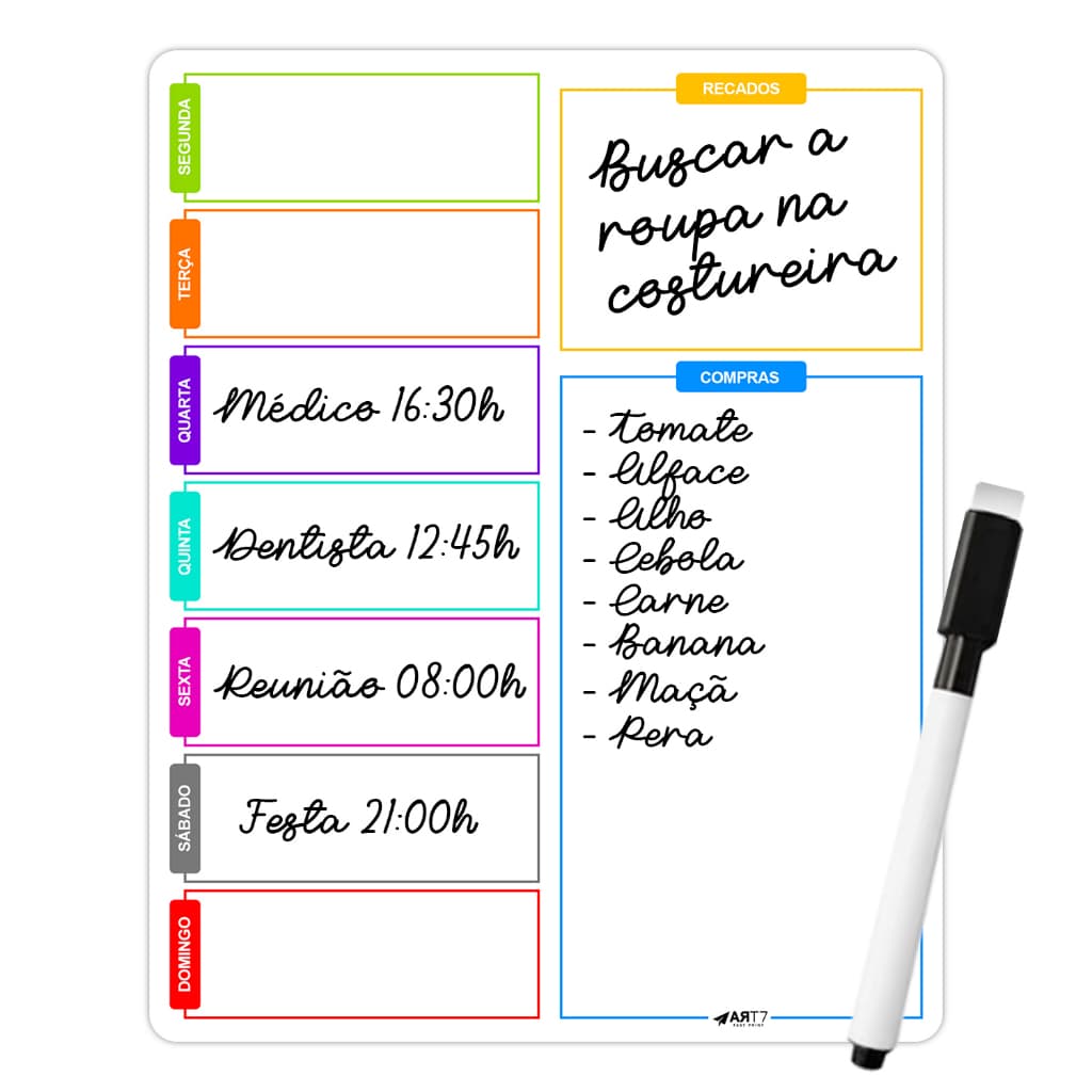 Lousa Magnética Geladeira com Caneta Apaga Recados Planner Semanal Lembretes Ímã