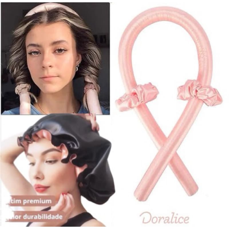 kit modelador de cachos de cetim + 2 scrunchies de cetim + touca de cetim dupla com regulagem