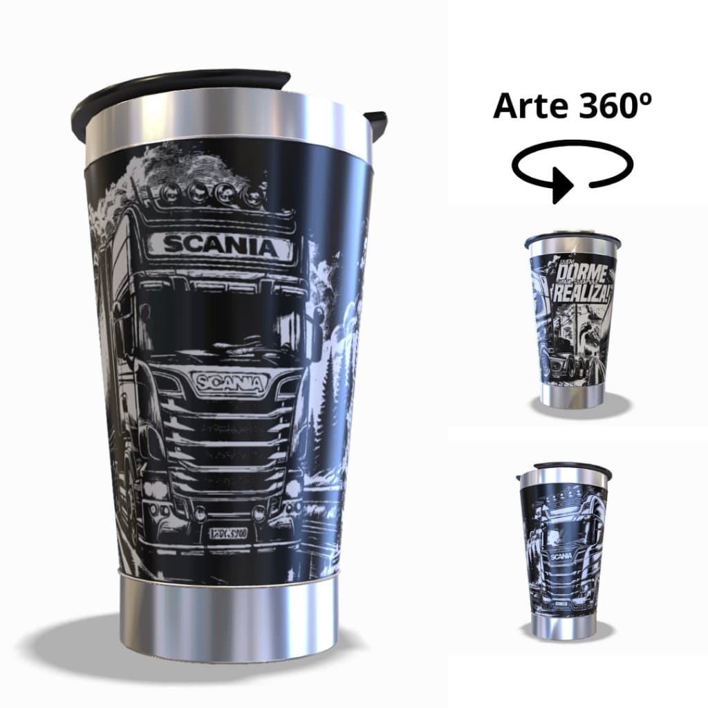 COPO TÉRMICO 473ML ARTE 360º GRAUS COPO INTEIRO TEMA: CAMINHÃO NOVIDADE COM ABRIDOR PAREDE DUPLA