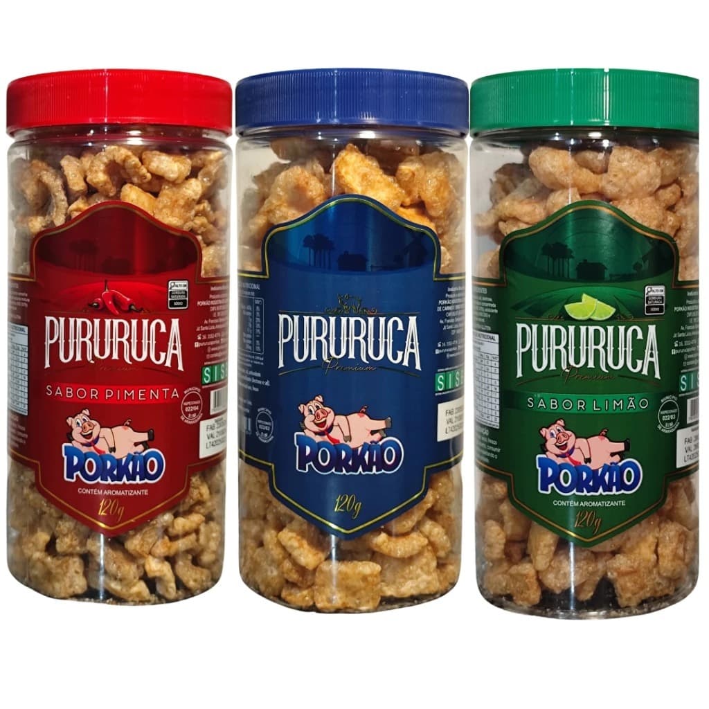 Kit 3 Potes Pururuca Porkão Premium - Torresmo Salgadinho Snacks - Limão/Tradicional/Pimenta 360g