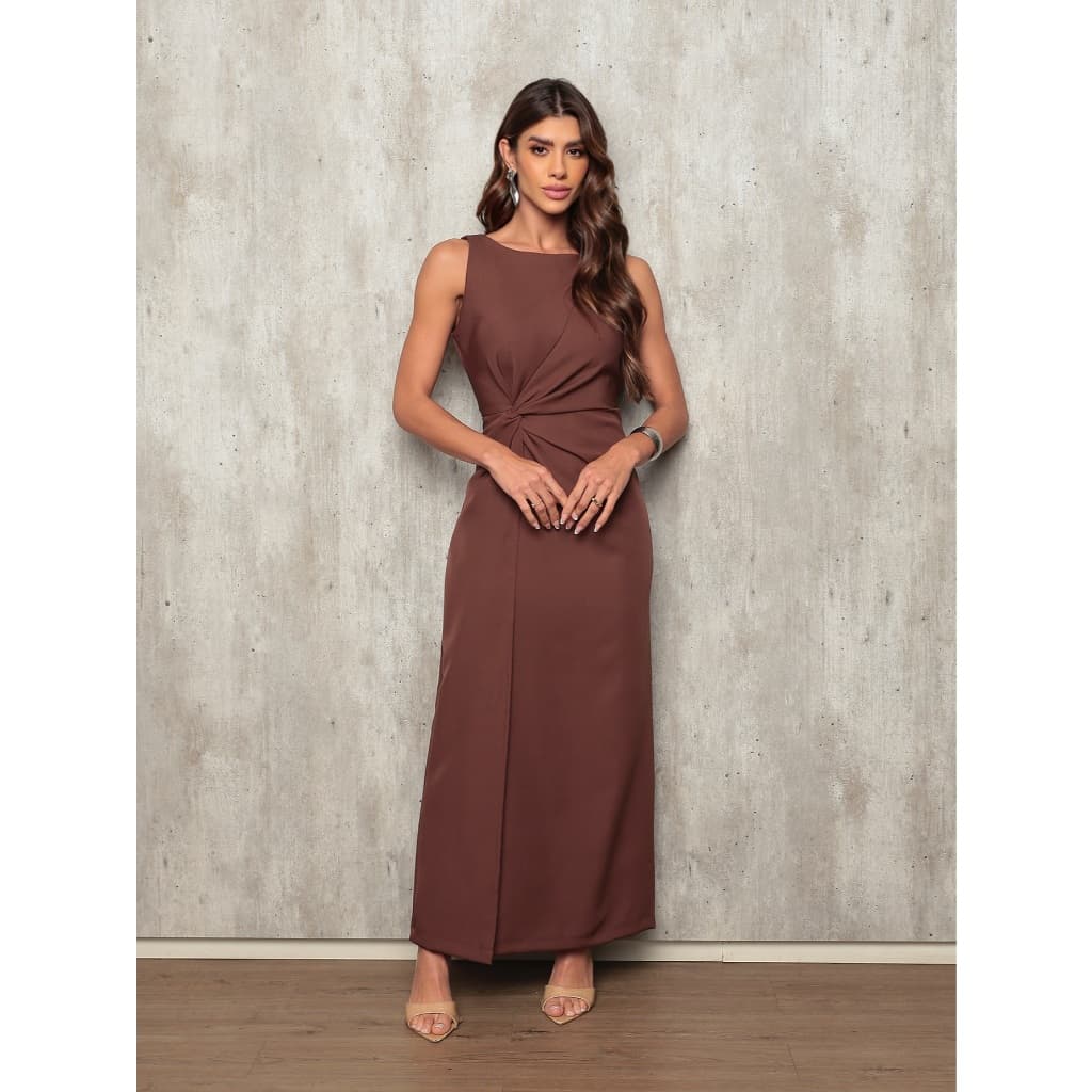 Vestido longo elegante transpassado com nó fenda atras