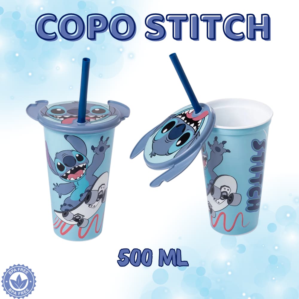 Copo Stitch 3D Disney Infantil Com Tampa e Canudo Plasútil 500 ML