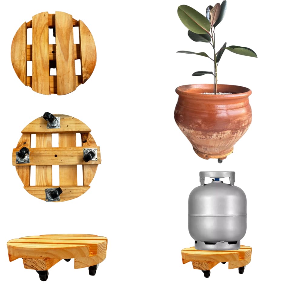Carrinho Suporte Vaso de Planta Botijão Gás com Rodinhas 20cm 25cm 30cm Quadrado e Redondo Madeira Pinus