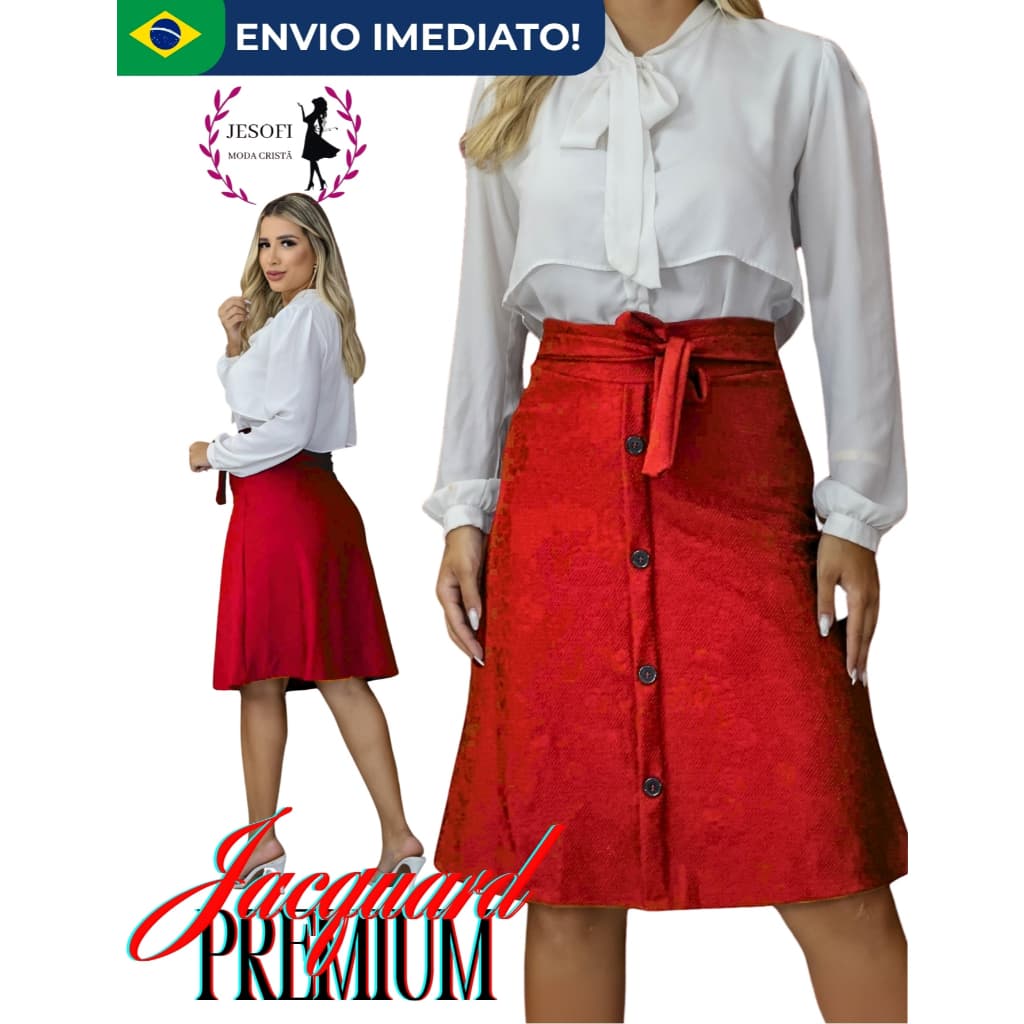 Saia Mídi Feminino Rodado Jacquard 3D Botão Fake com Laço Cintura Moda Cristã Modesta Cristã Brasil