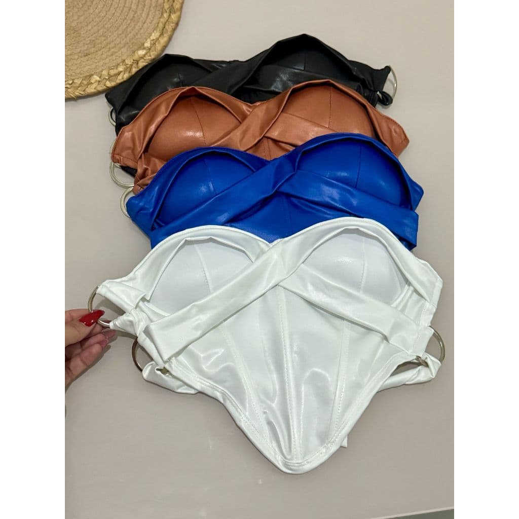 Corselet Tomara que Caia Argola Lateral Mallu Cirrê Acetinado Bojo Detalhe Trançado nas Costas Blusa Corset