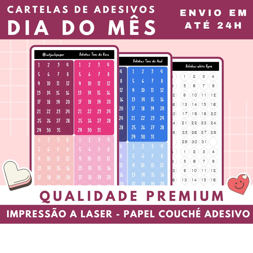 Cartelas Adesivas - Dias do Mês em Números - Sem Bordas - planner journal colagem cadernos