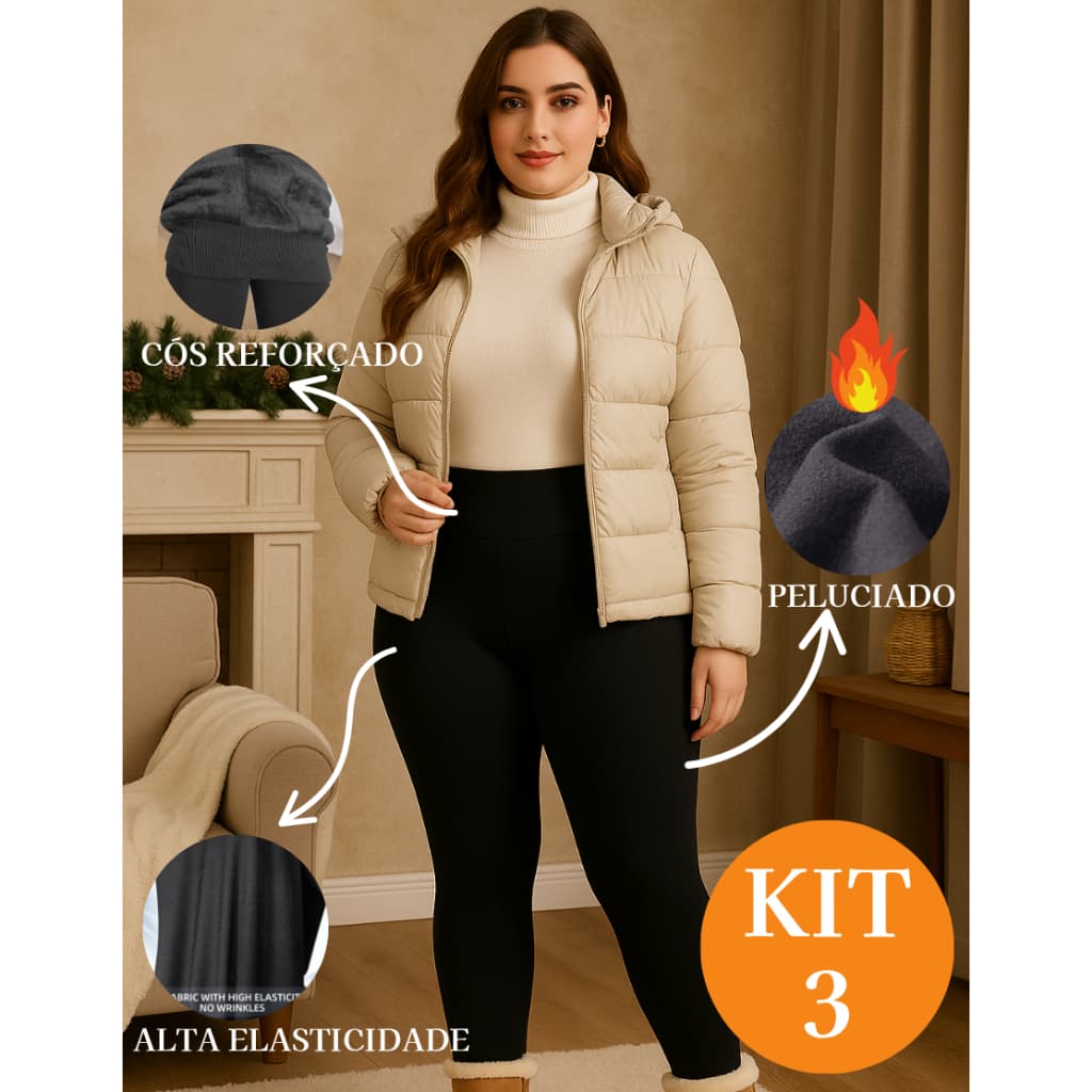 Kit 3 Calça Feminina Meia Calça Flanelada Térmica Inverno Dias Frios Peluciada Cós Reforçado Elastico Elasticidade