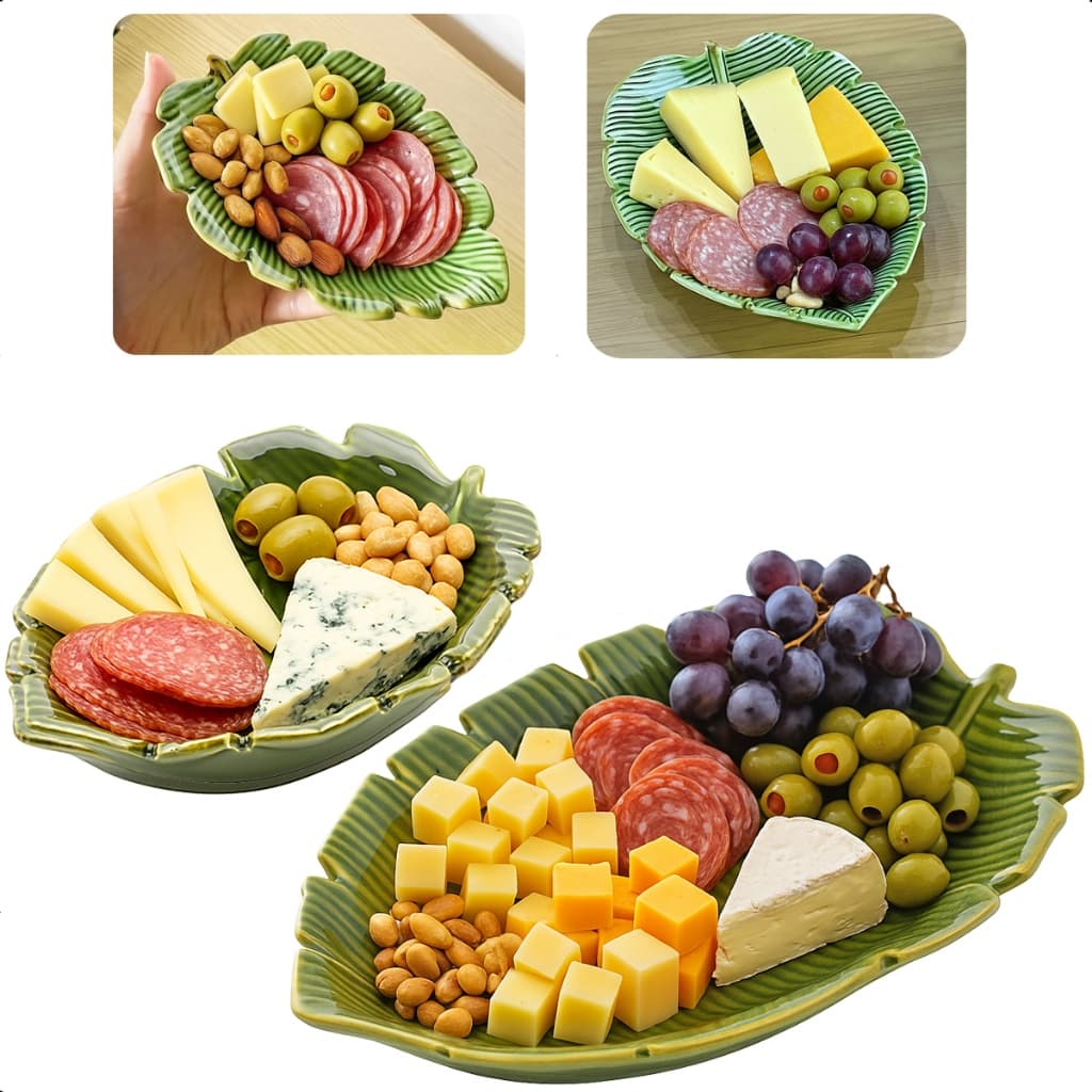 Kit 2 Folhas Decorativas De Cerâmica Banana Leaf Verde 16cm + 23cm Petisqueira Lyor