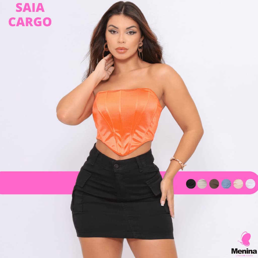 Saia Cargo Com Lycra Feminina Cintura Alta Levanta Bumbum Tendência Bolsos Laterais Moda Feminina