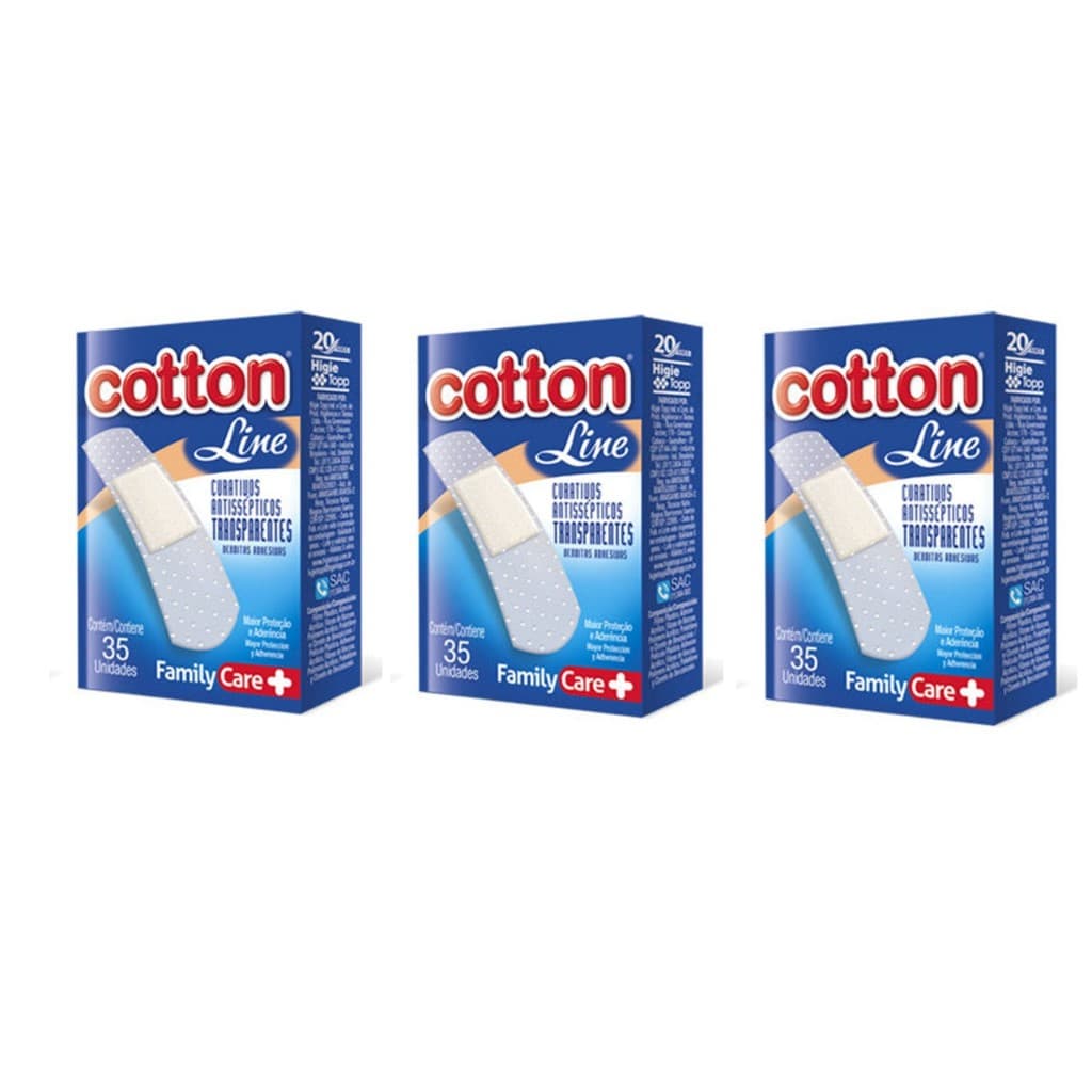 Curativos Antissepticos Cotton Line - Kit 03 Caixas C/ 35 Unidades Cada - Transparente