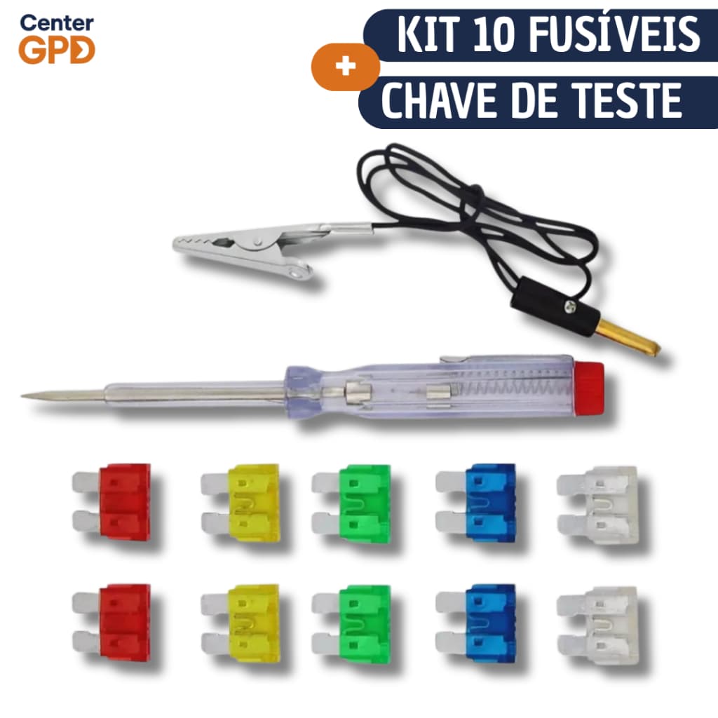 Conjunto 10 Fusível Automotivo 12V  + Chave Teste Elétrica e Grampo para Carro Universal Reposição