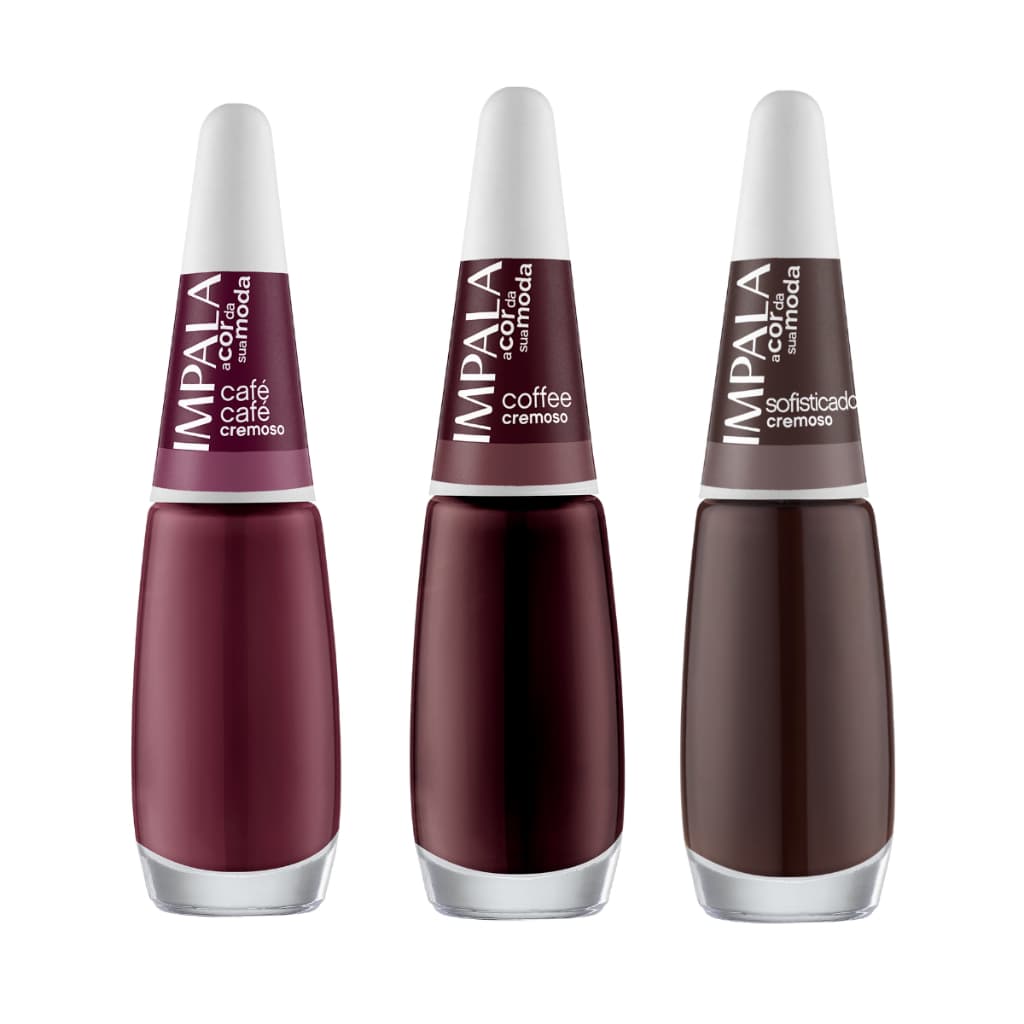 Kit 3 Esmaltes Impala 7,5ml Varias cores Marrom Nude Vermelho Lilas