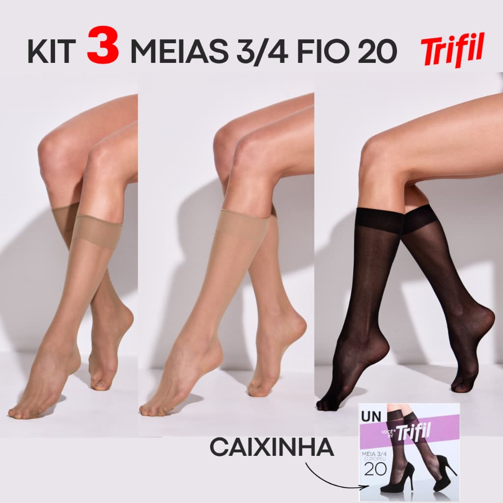 3 Pares de Meia 3 4 Feminina Fina Trifil Fio 20 Modelo Europeu Transparente Elegante Classica Social