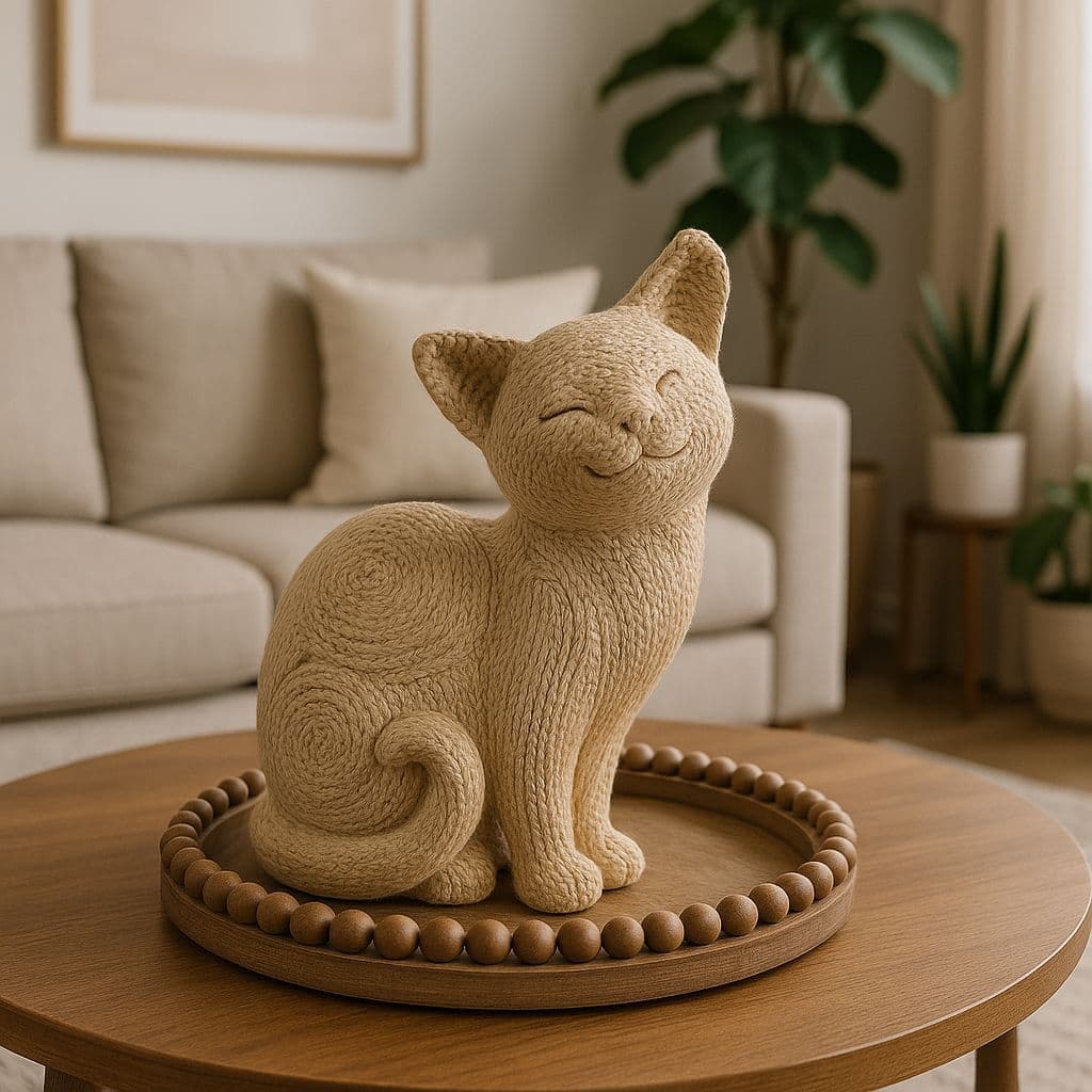 Escultura Gato Decorativo - Estatueta Decoração Sala Quarto Bebê Estilo Crochê Enfeite - 17cm