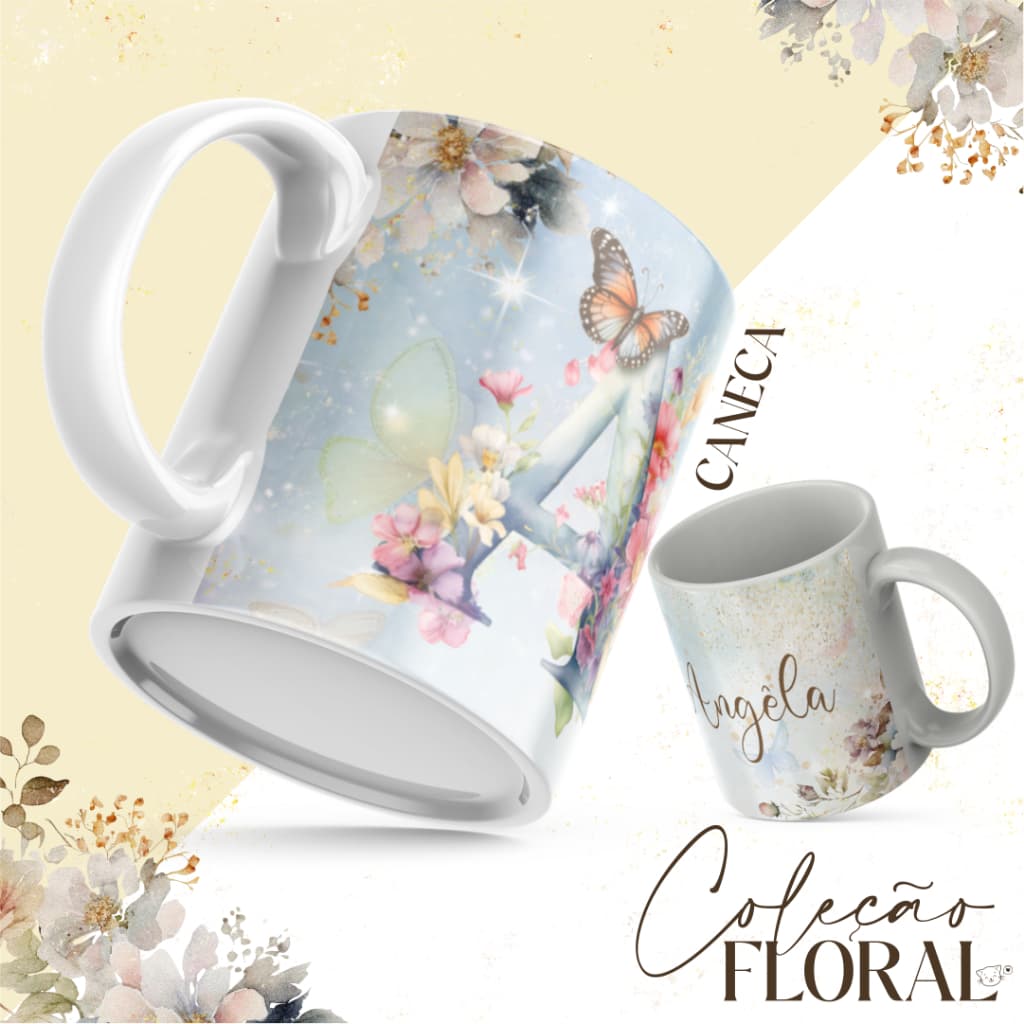 Caneca Personalizada com Nome Alfabeto Floral, Todas as Letras Disponíveis, Caneca de Porcelana, Xícara
