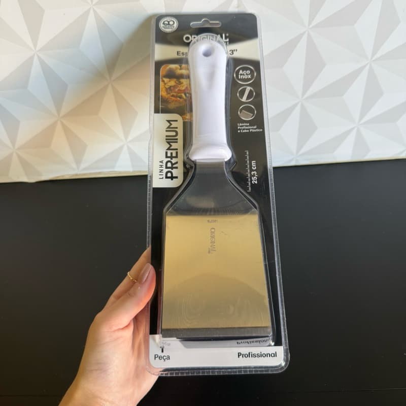 Espátula de inox quadrada grande com cabo de plástico branco para lanche tortas bolo alimento espatula pegadora comprida