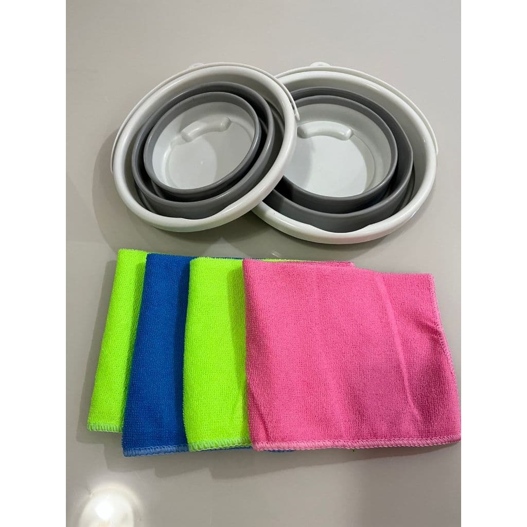 Kit Balde Retrátil Dobravél de Silicone com Pano Multiuso de Limpeza