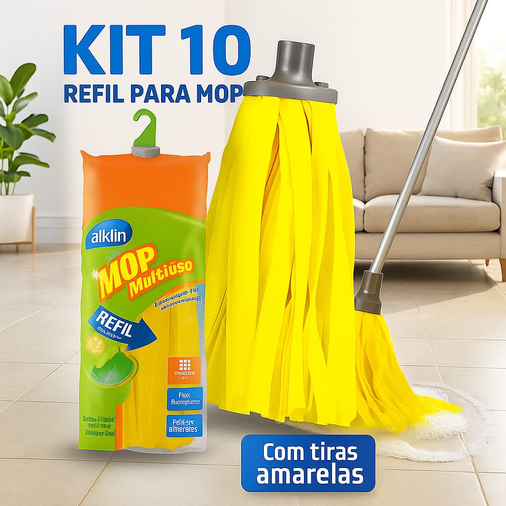 kit 10 Refil Mop Tiras Amarelo Multiuso Limpeza Esfregão Secar Piso Absorvente Extra Banheiro