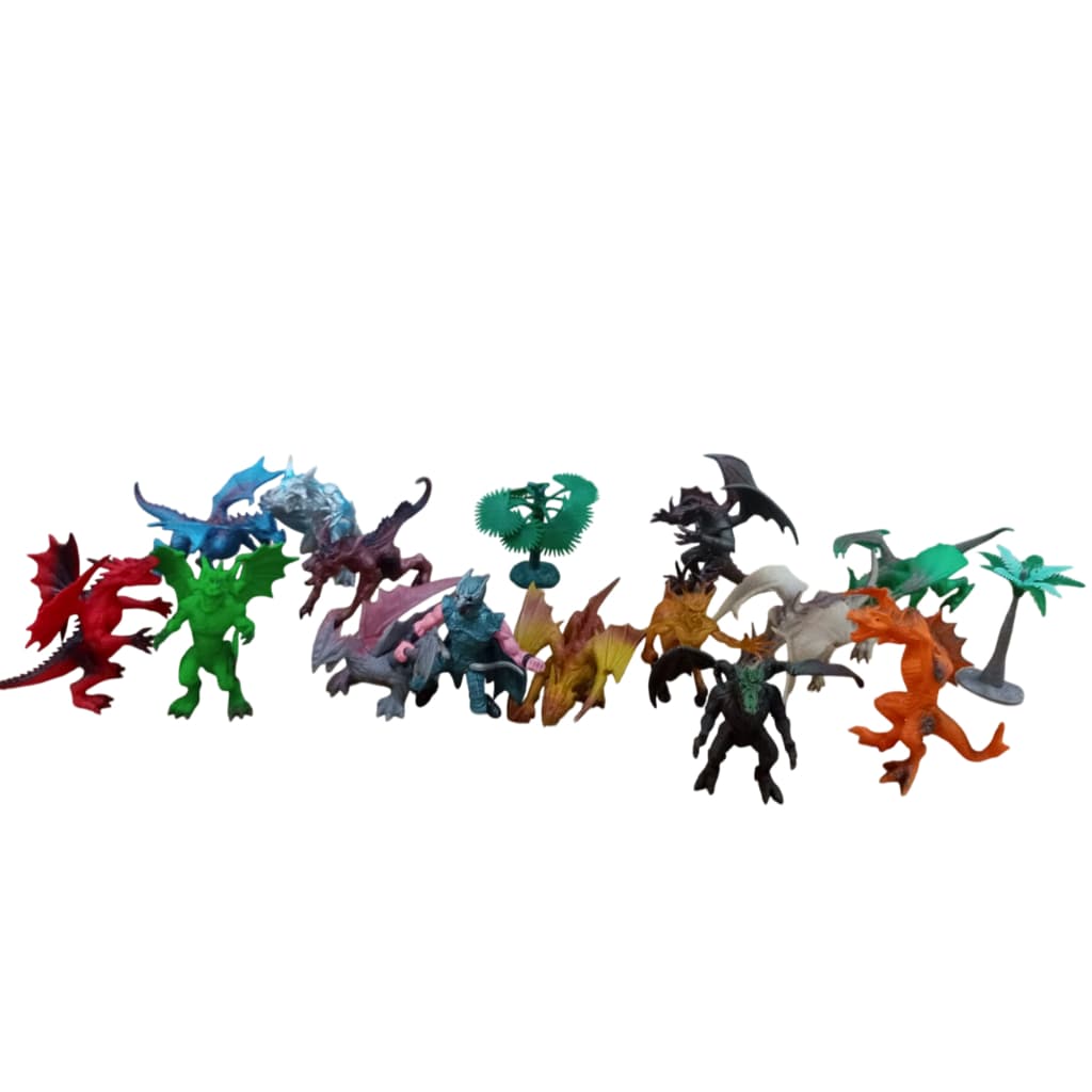 kit com 14 bonecos dragões dinossauro world com guerreiro e acessórios