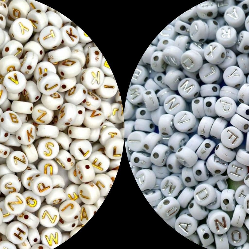 300un Miçangas Infantil Letras Branca Dourada Alfabeto 40g
