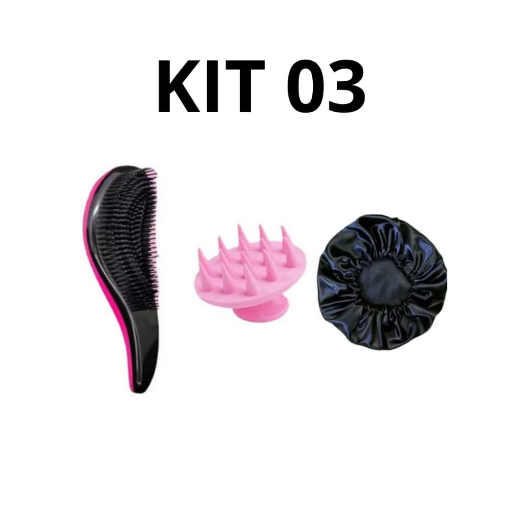Kit de Cuidados Capilares – Escova Desembaraçante + Massageador de Couro Cabeludo + Touca de Cetim