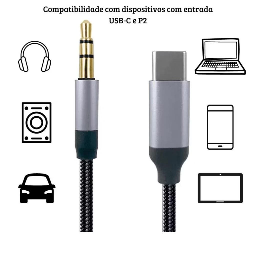 Cabo de Áudio Tipo-C P2 3.5 MM Auxiliar Premium Iphone 15/16/17/ Android