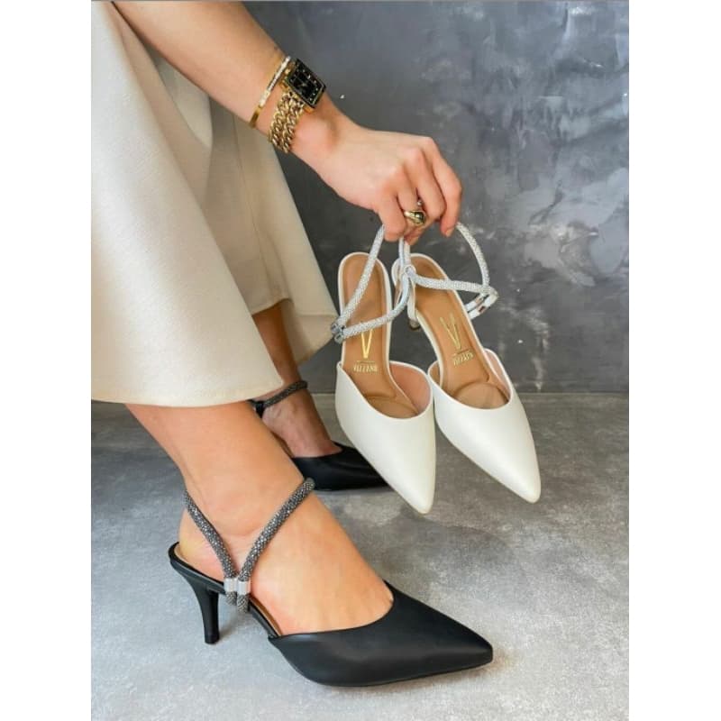 Scarpin Slingback Vizzano Brilho alça Aberto no Calcanhar Sapato Feminino Social Saltinho baixo Fino Tiras Tendência