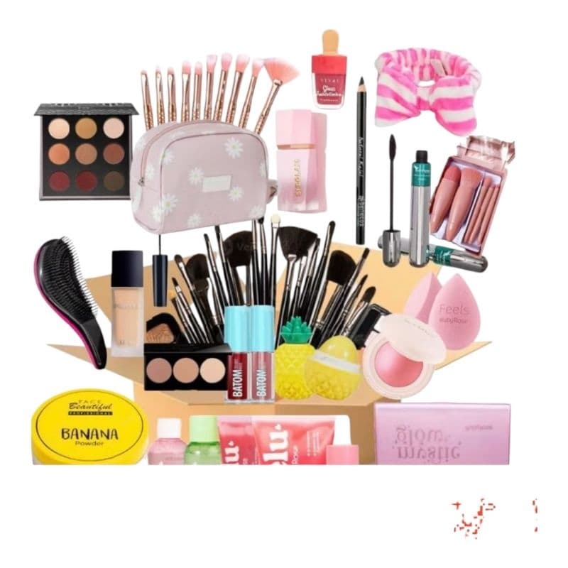 KIT DE MAQUIAGEM E ACESSORIOS INOVADORA COM 10 ITENS,COM BASE,PINCEL,GLOSS (obs não acompanha a maleta)