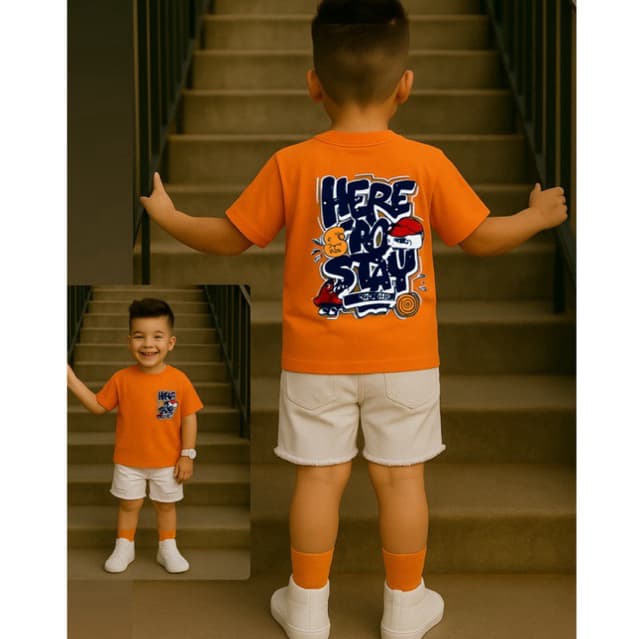 camiseta masculina infantil menino estiloso -CAMISA laranja  estampa here to