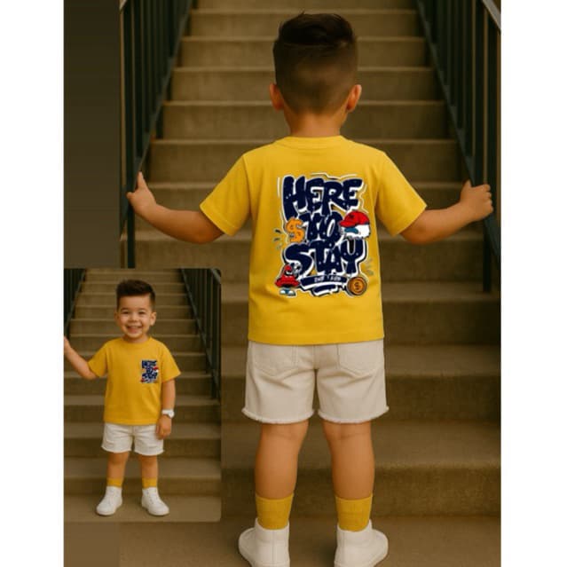 camiseta masculina infantil menino estiloso -CAMISA amarela estampa here to