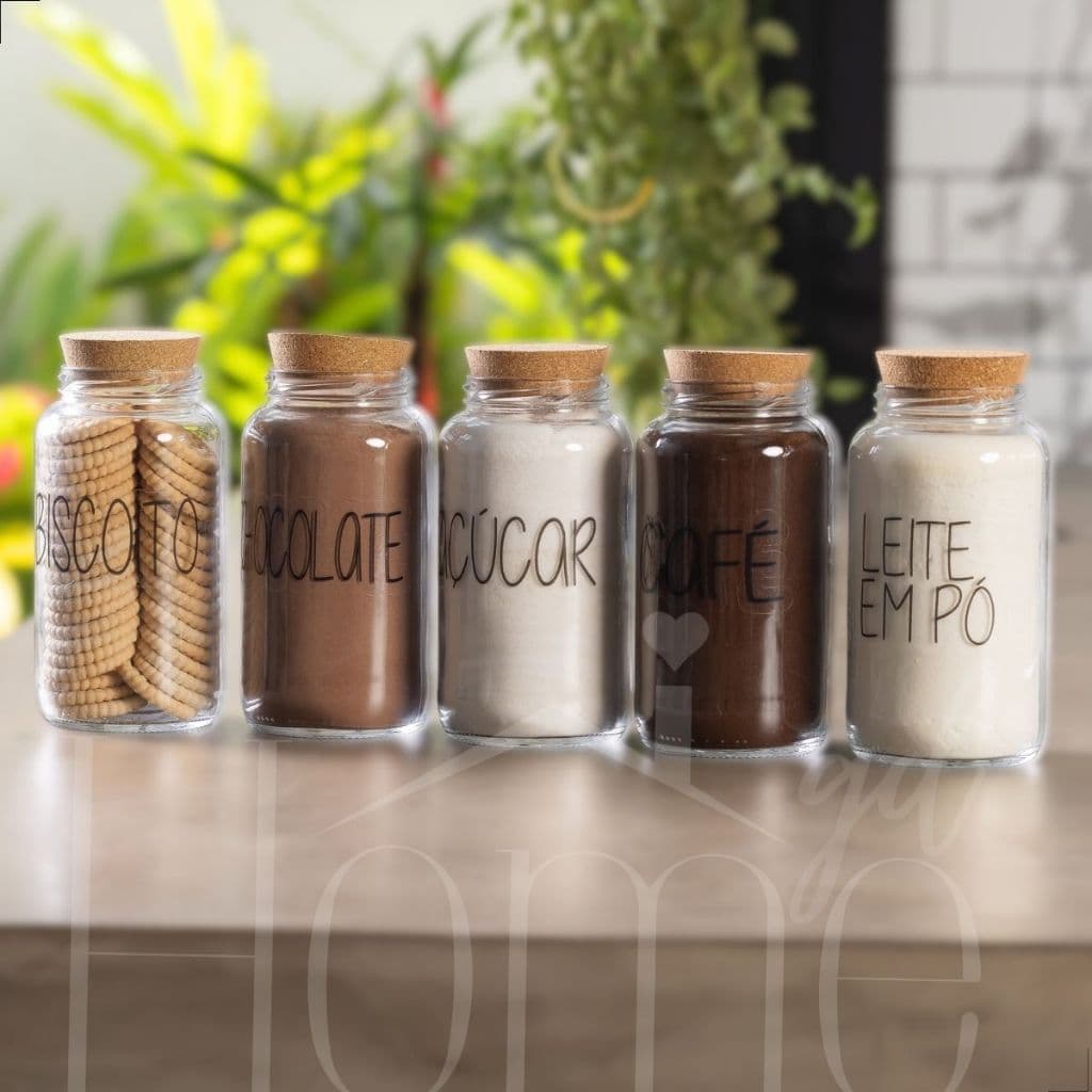 Cantinho do Café | Café, Açúcar, Biscoito, Leite em Pó, Chocolate | 5 Potes de Vidro | Mantimento