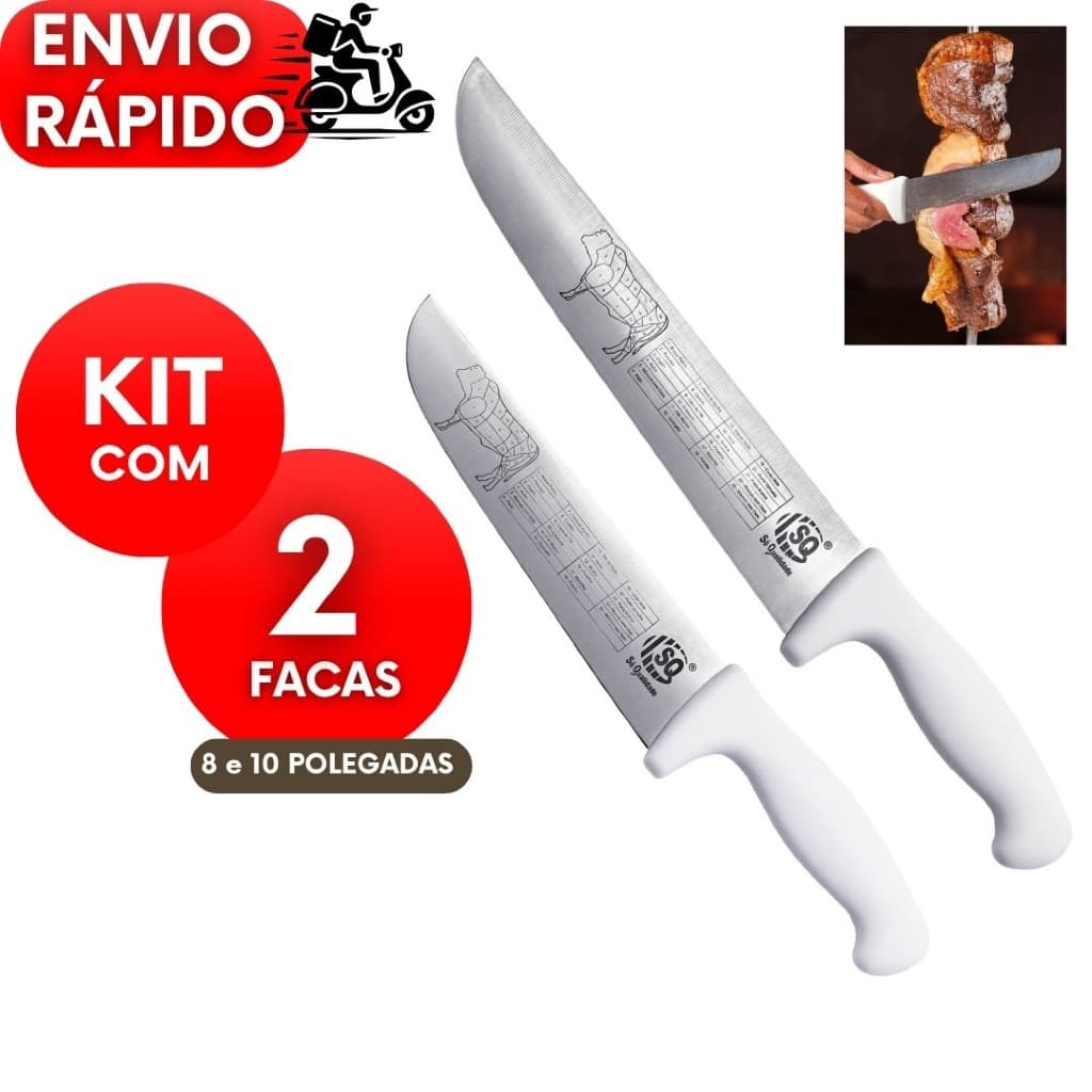 Kit 2 Facas Profissionais 10" e 8” Inox Cabo Branco Ideal para Açougueiro e Churrasco