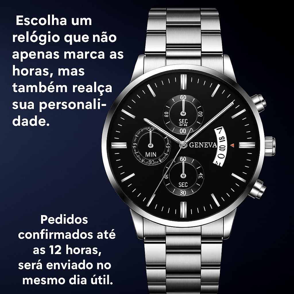 Relógio Geneva Masculino Quartz Pulseira Metal Calendário Inox