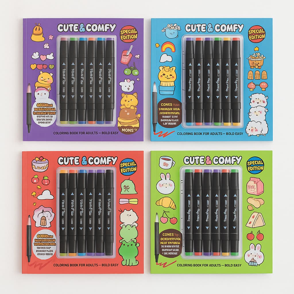 Livro de Colorir Cute e Comfy Com 6 Canetinhas  Ponta Dupla