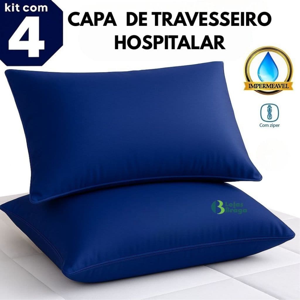 Kit 4 Capas de travesseiro Hospitalar Impermeável Azul e Com Zíper  70x50Cm